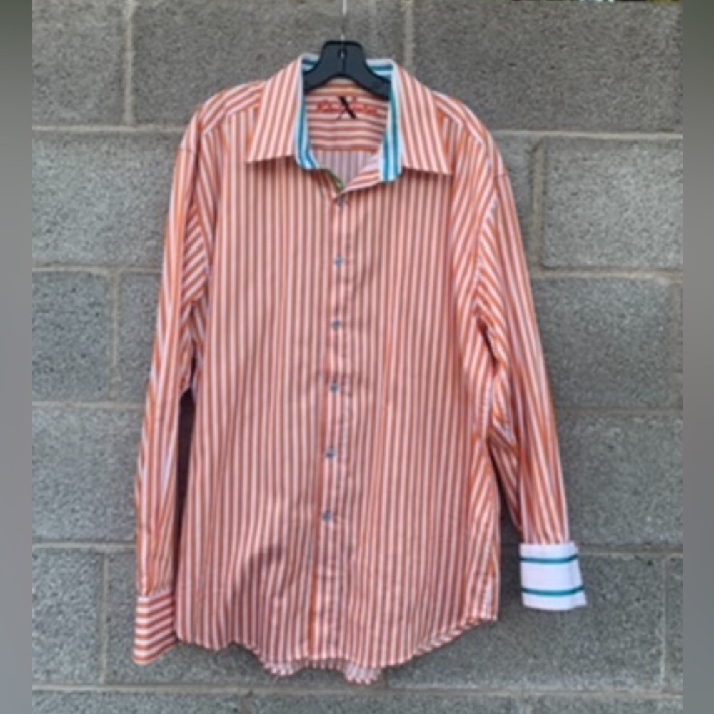 Robert Graham Shirt 2XL Orange Striped Long Sleeve Button Up Flip Cuff Artsy
